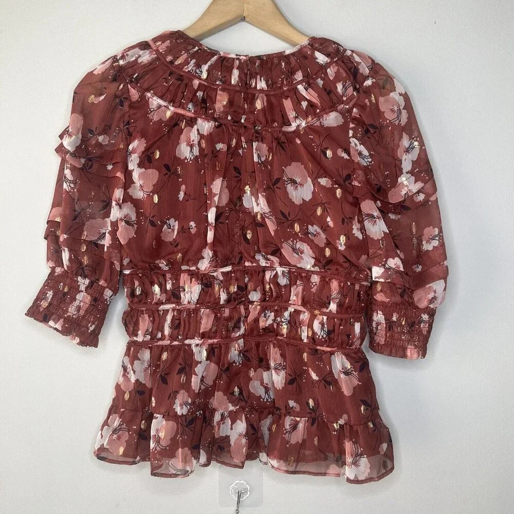 Walter Baker Zuma Blouse In Berry Hibiscus Floral Sz XS Women's flowere shirt - Picture 7 of 12